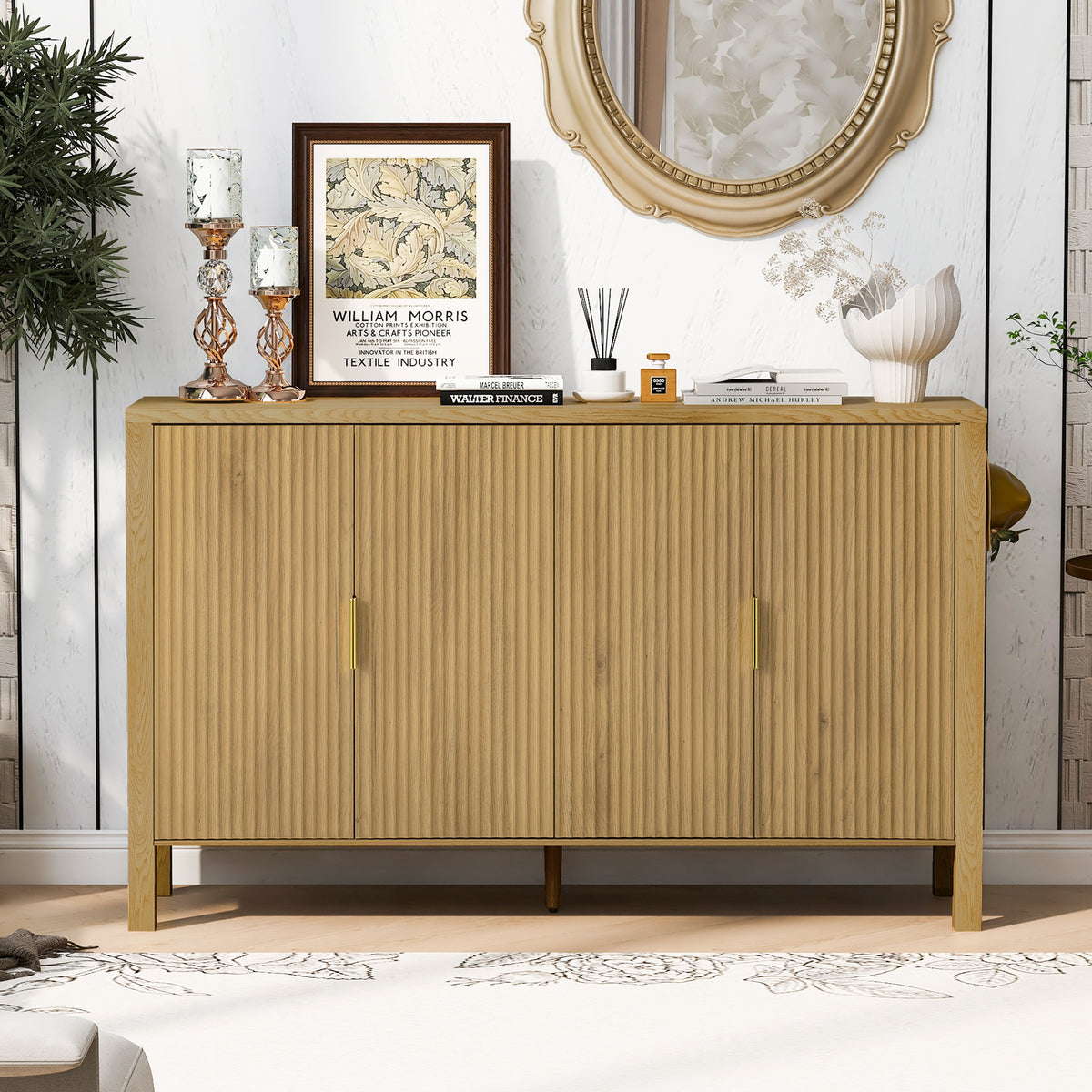 variant-group:rf-n711p345170o|Roomfitters 57.5" Sideboard Buffet Cabinet with 3 Door Mid-century Modern Fluted Storage for Kitchen & Dining Room, Natural