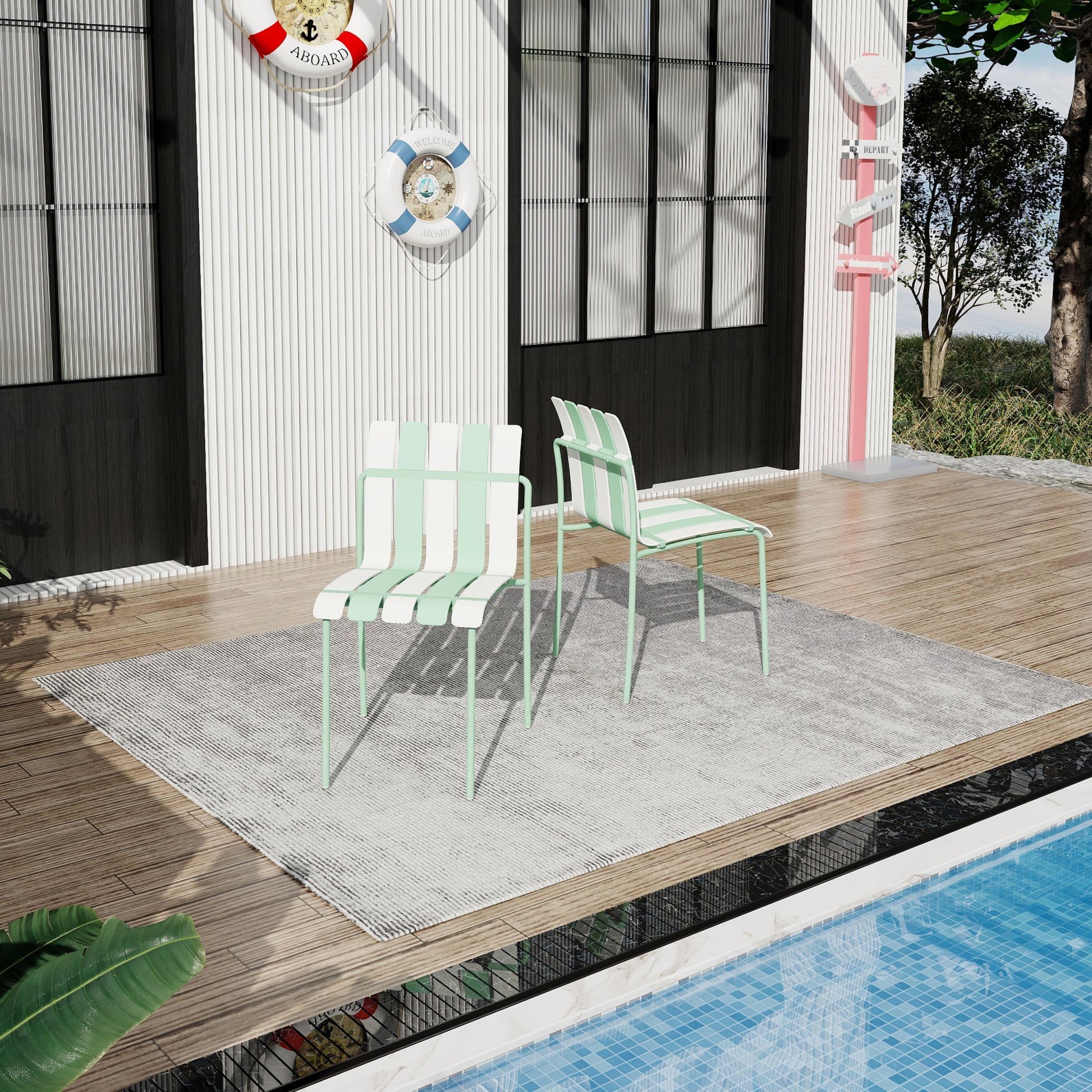 Summer- 4-Pack Modern Striped Color Block Chairs - Waterproof PP Seat & Sturdy Metal Legs, Indoor/Outdoor Dining Set for Patio, Balcony, Café (White & Green)