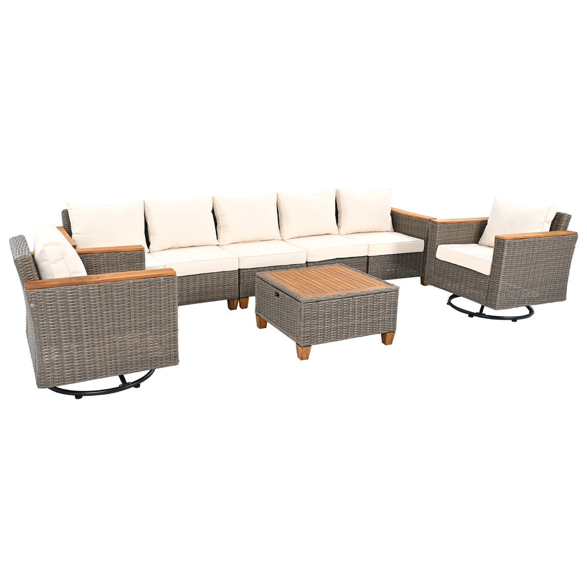 variant-group:rf-n707s005016z|Roomfitters 8-Piece Patio Furniture Set with 360 Swivel Rocker Chairs, Modular Outdoor Sectional Sofa & Table, Beige+Brown