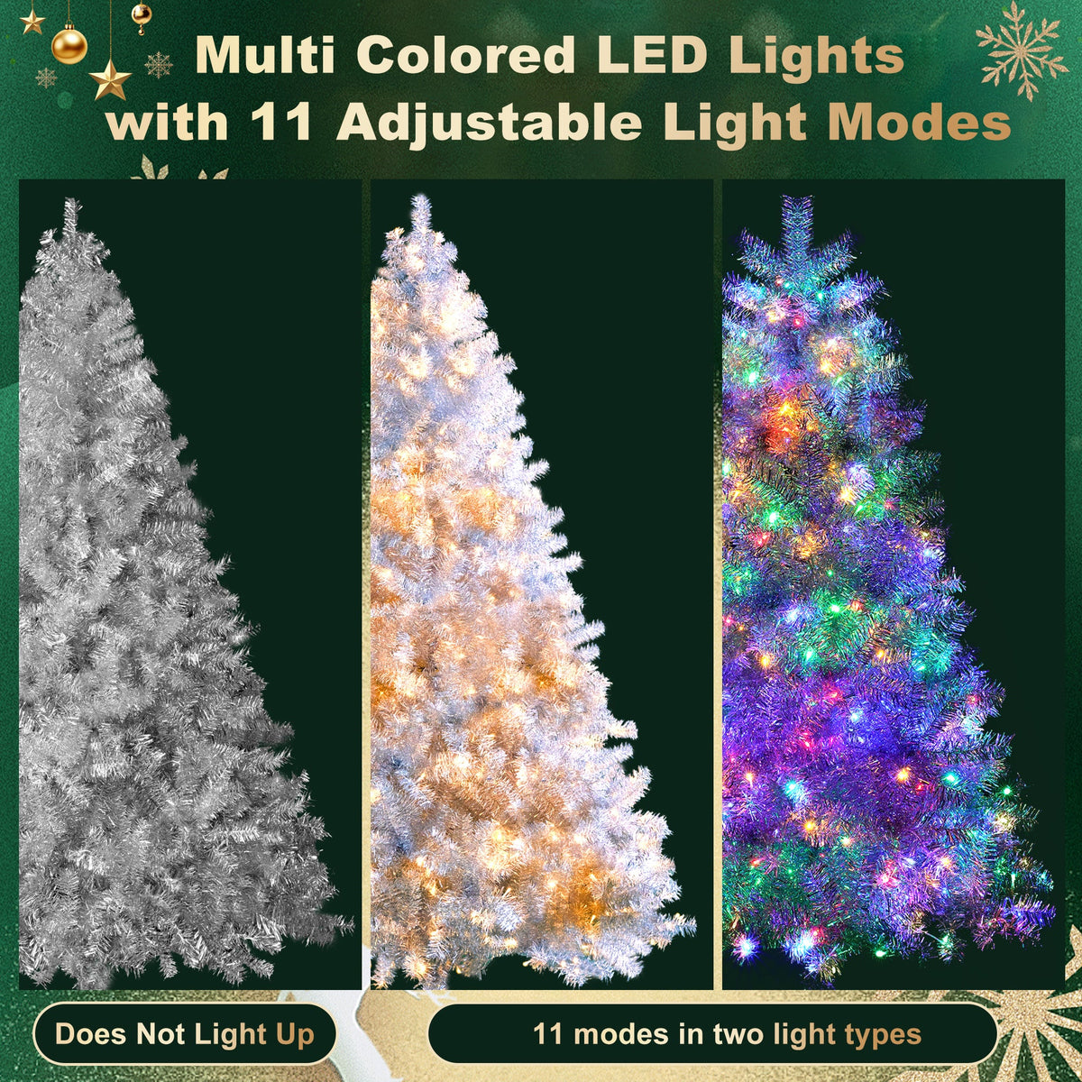 Roomfitters Pre-Lit Artificial Christmas Tree 7.4FT, Full Hinged Holiday Tree with Metal Stand, Warm Lights, 1200 Tips, Silver Roomfitters