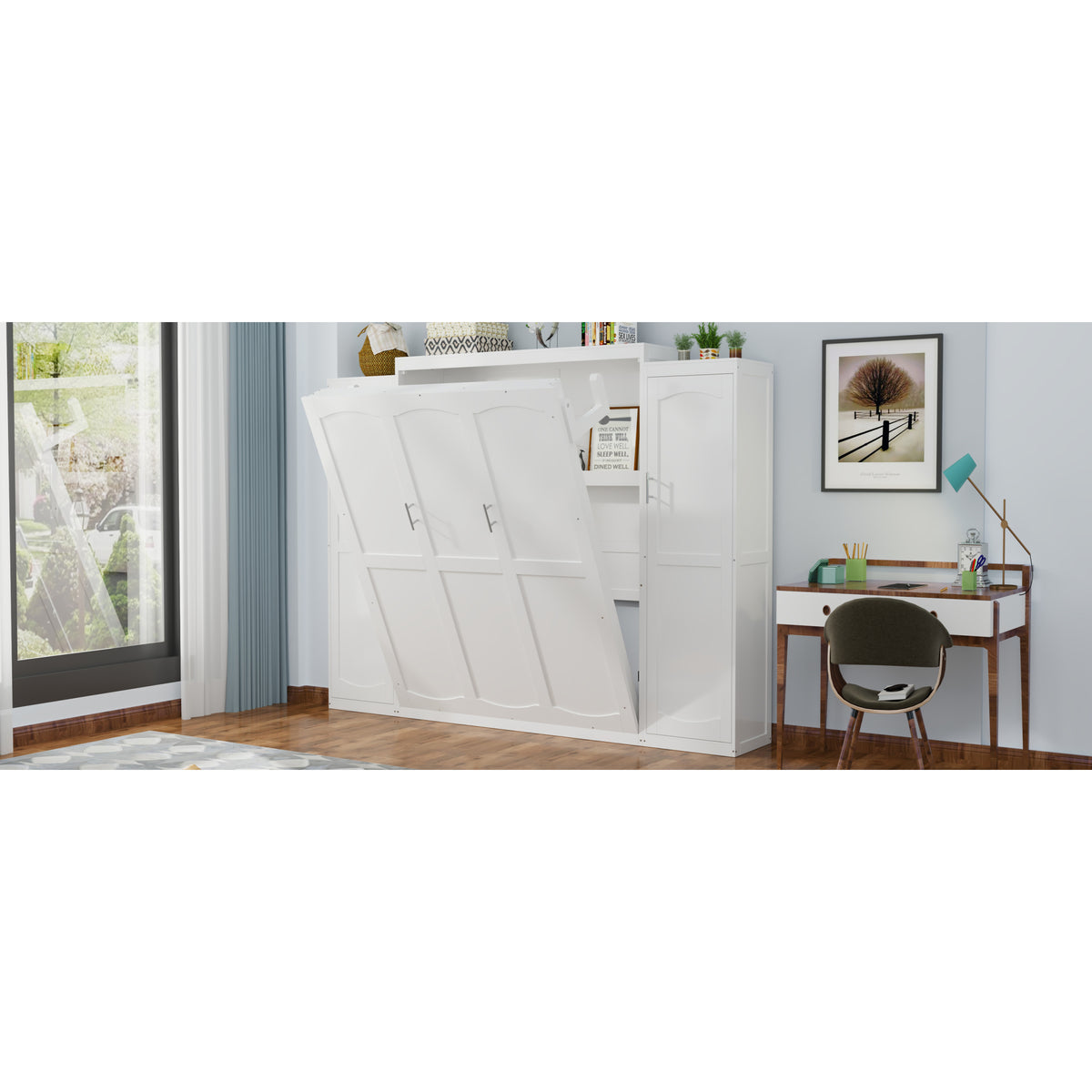 variant-group:rf-n733s339767k|Roomfitters Queen Murphy Bed with Storage Cabinets and Shelf, Foldable Wall Bed Platform for Guest Room and Bedroom, White