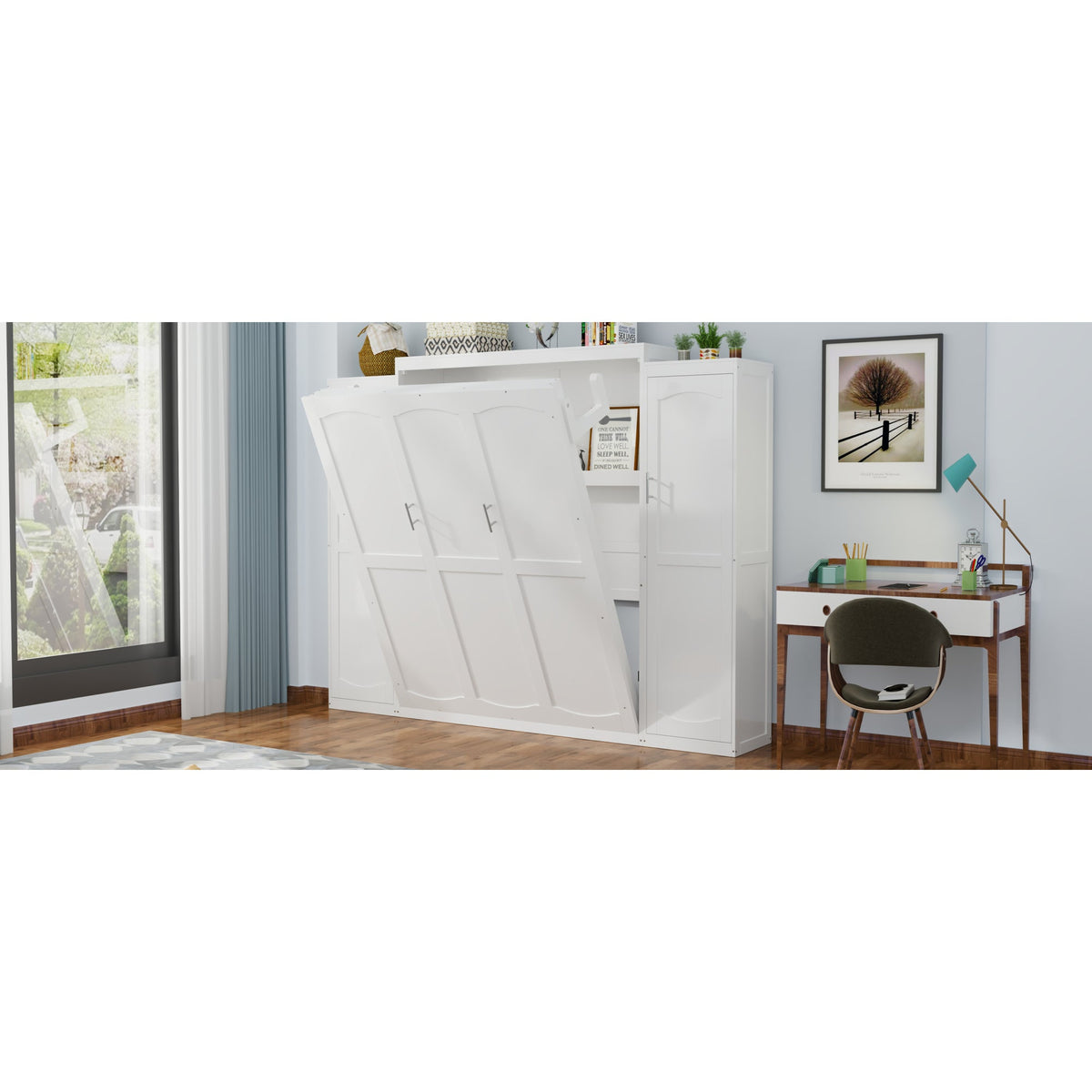 Roomfitters Queen Murphy Bed with Storage Cabinets and Shelf, Foldable Wall Bed Platform for Guest Room and Bedroom, White Roomfitters