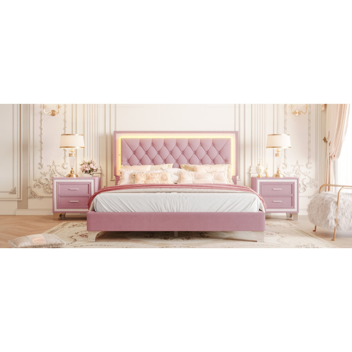 variant-group:rf-n733p183657h|Roomfitters Modern Velvet Queen Platform Bed with Tufted Headboard and Built-In Lighting, Pink