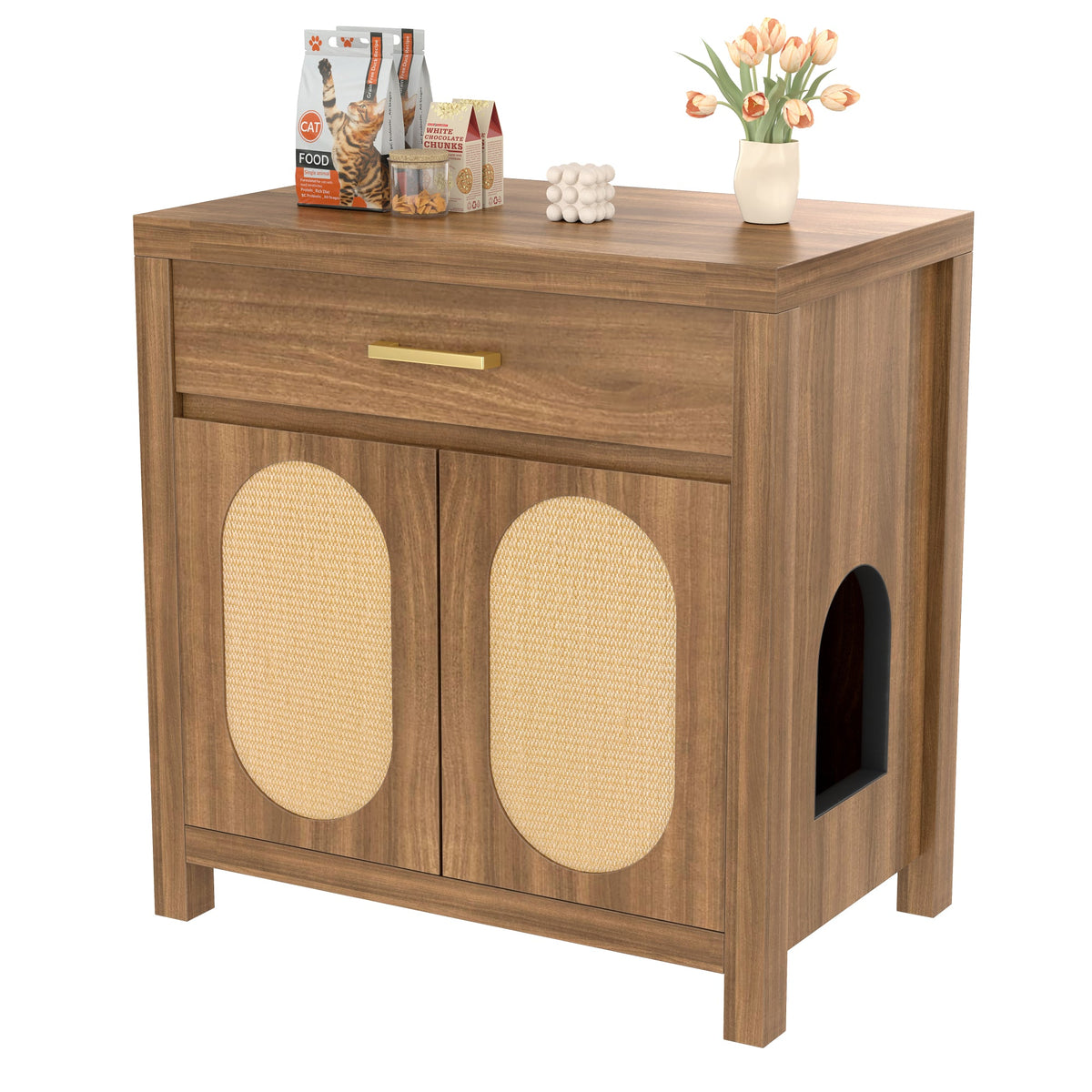 Roomfitters Espresso Cat Litter Box Enclosure End Table Nightstand with Sisal Scratching Pad Cabinet Doors Roomfitters
