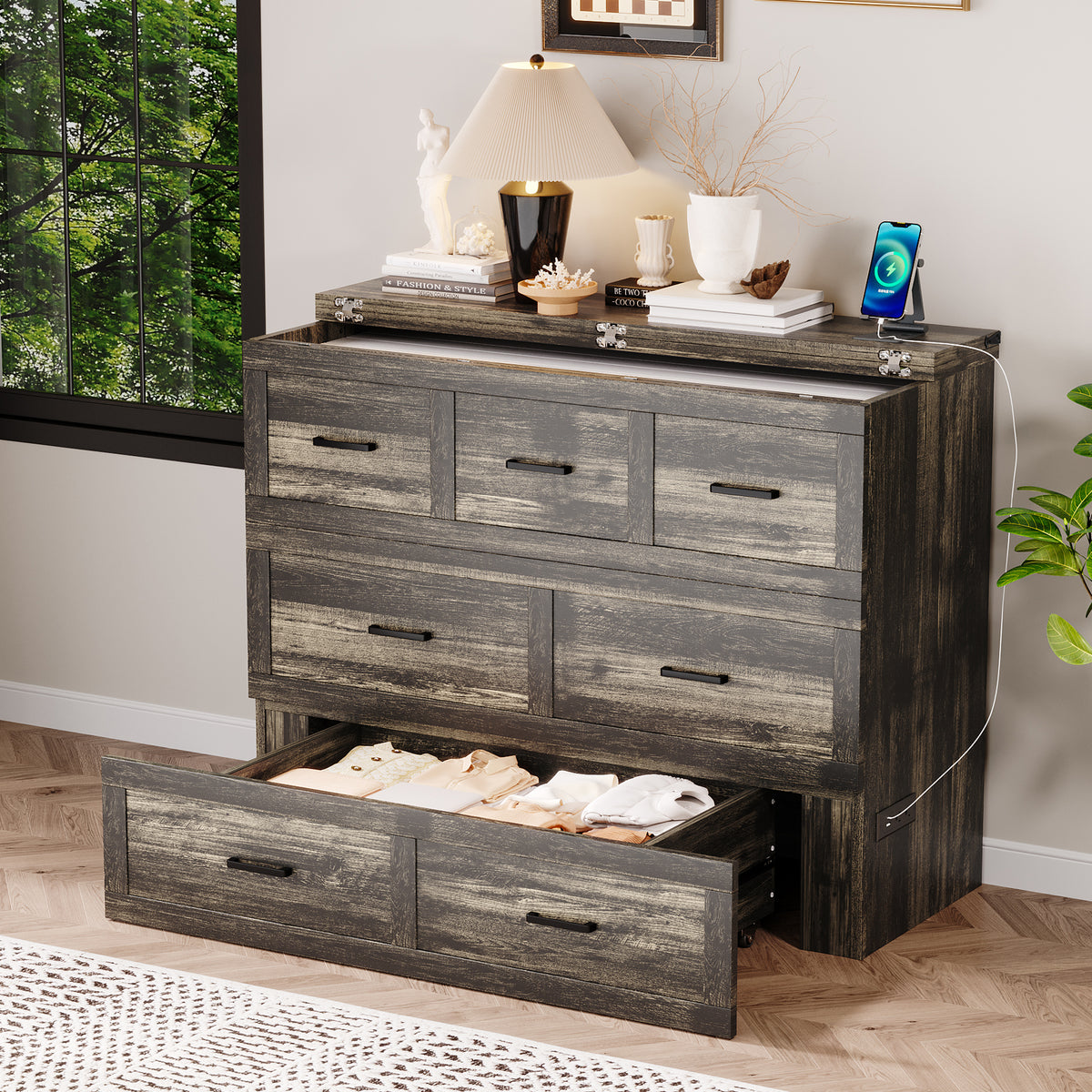 variant-group:rf-n733s293995g|Roomfitters Full Size Murphy Bed Cabinet with Charging Station, Foldable Platform Bed with Storage Drawer, Rustic Gray