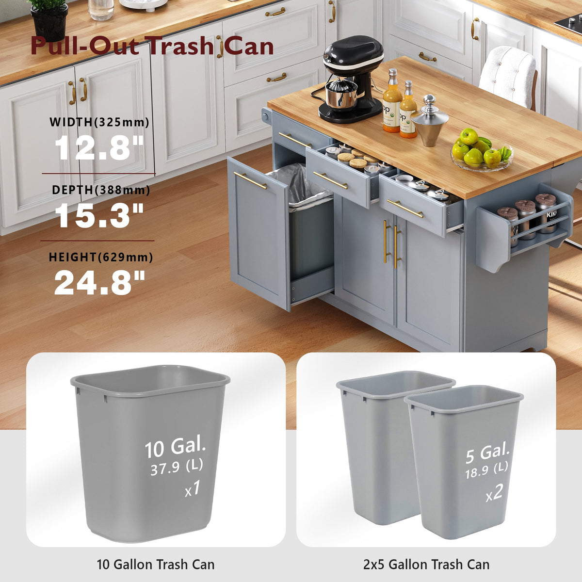 variant-group:rf-n707s299014g|Roomfitters 59.3" Kitchen Island with Power Outlet, Drop Leaf and Double Trash Can Pull Out, Rolling Cart, Grey+Blue