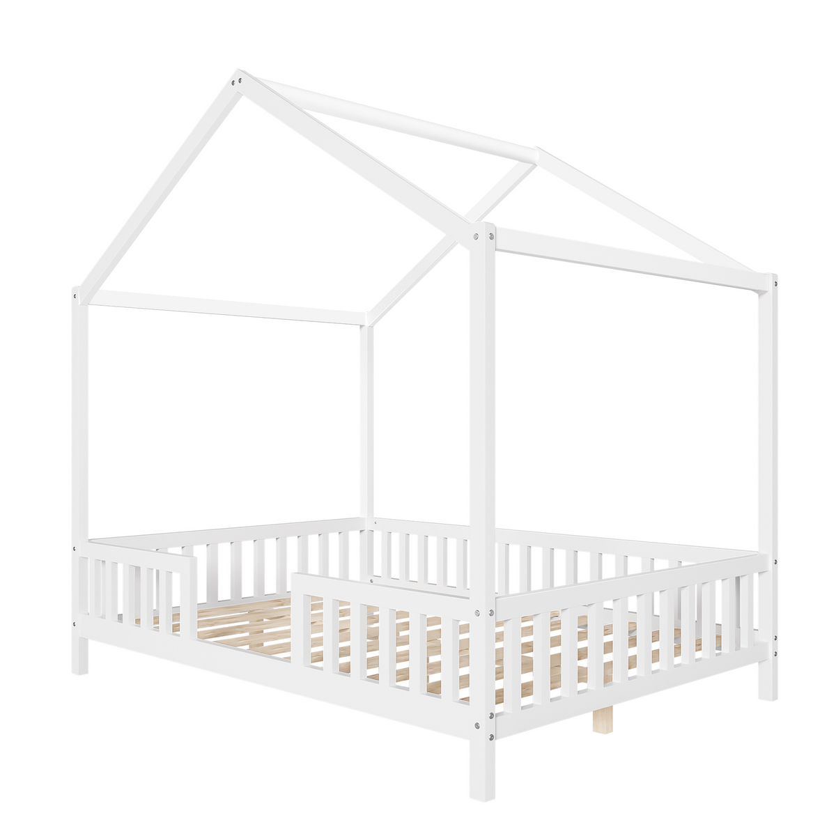 variant-group:rf-n733p356048k|Roomfitters Full Montessori Floor Bed with Canopy, House Shape Wood Frame with Safety Rails, Platform Bed, White