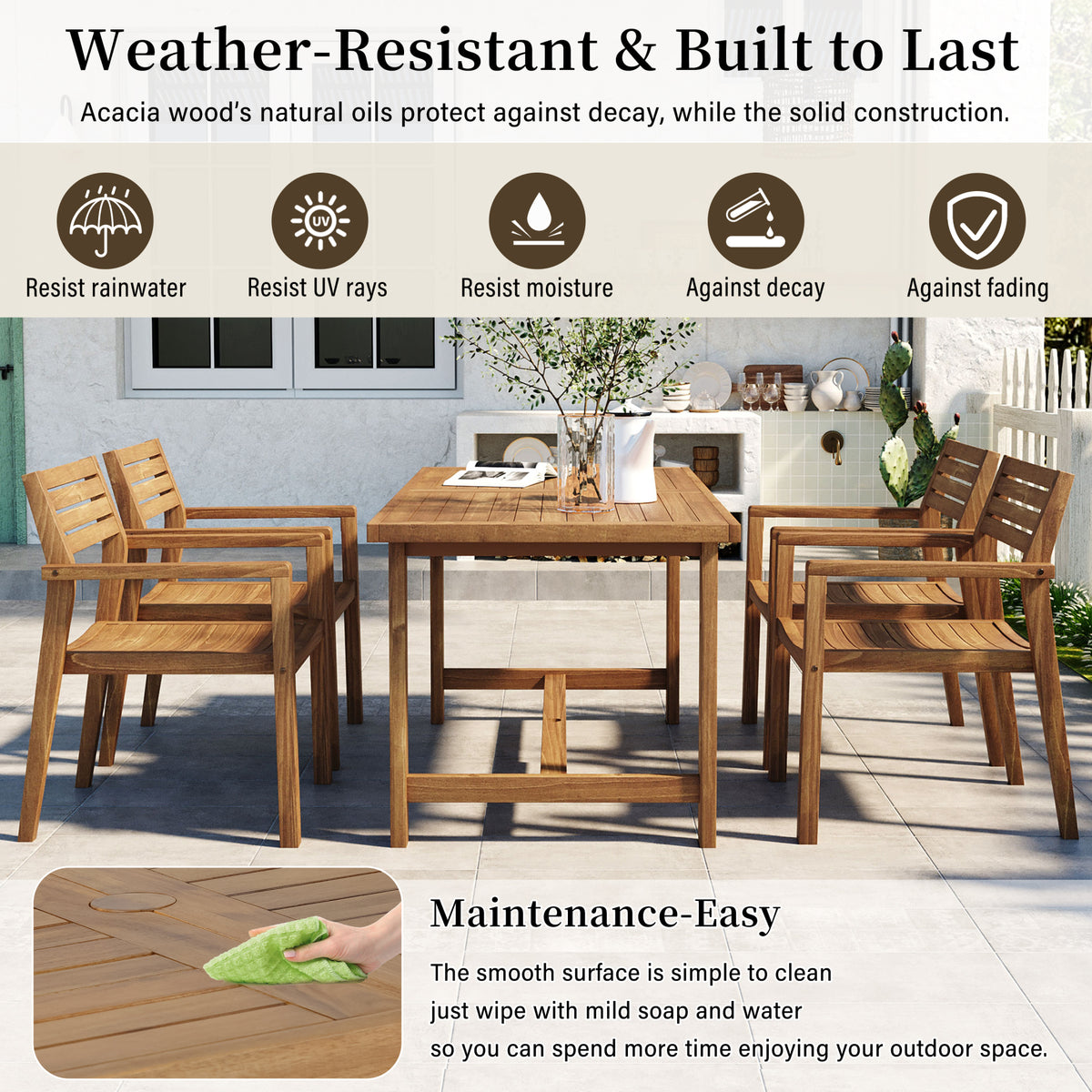 variant-group:rf-n711wy000477aao|Roomfitters Farmhouse 5-Piece Outdoor Dining Set for 4, 59-Inch Rectangular Table, Umbrella Hole, Natural Wood Patio