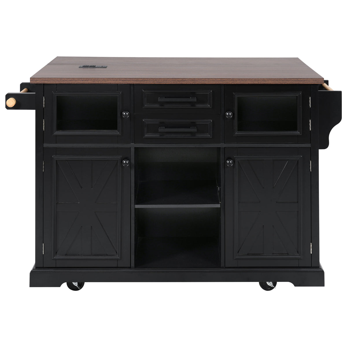 variant-group:rf-n707s300277b|Roomfitters 54.9" Kitchen Island with Drop Leaf, Rolling Kitchen Cart with Barn Door and Glass Door, Storage Cabinet, Black