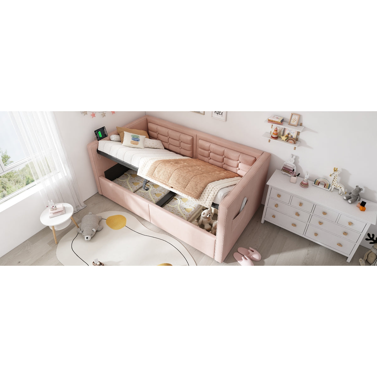 variant-group:rf-n736p303402p|Roomfitters Upholstered Twin Size Daybed with Storage, USB & Type-C Charging, Tufted Sofa Back, Velvet Pink