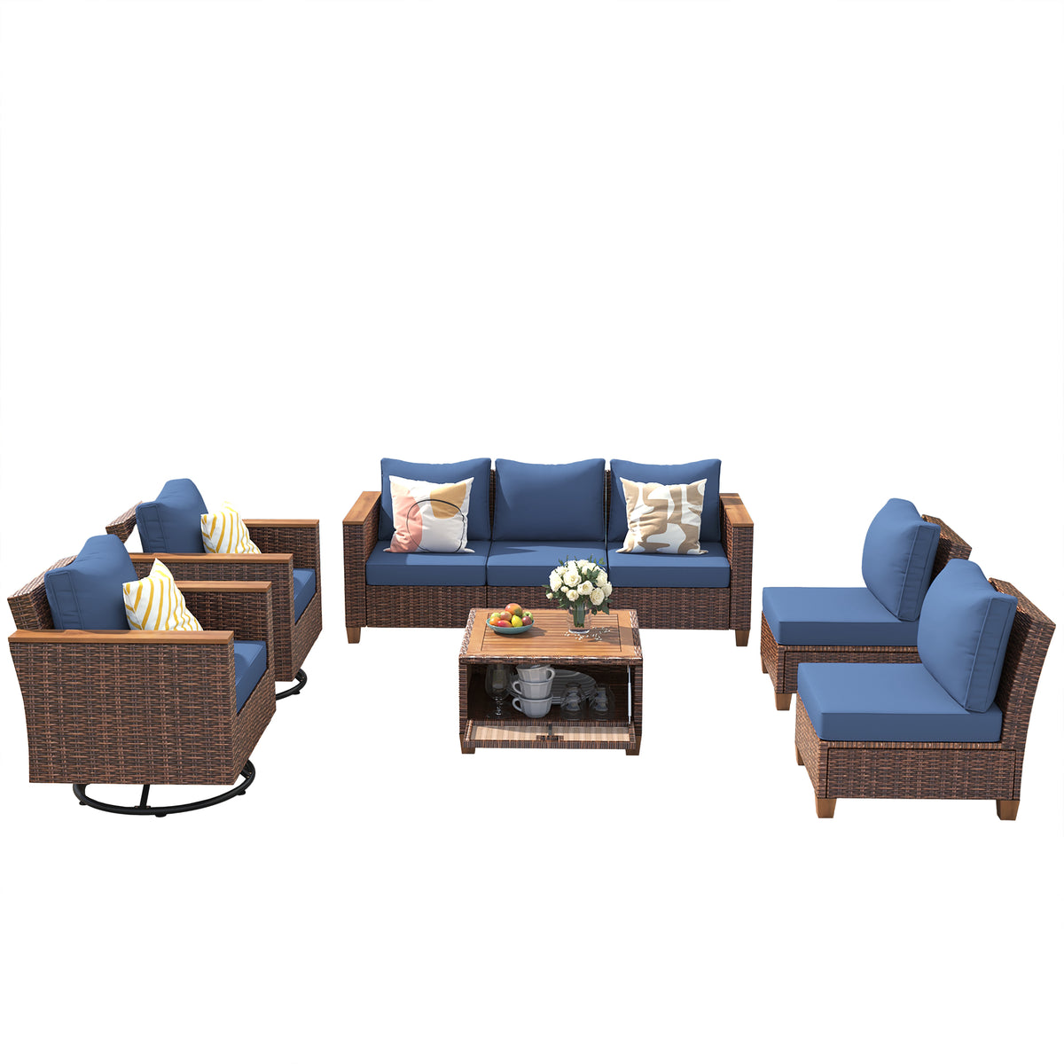 variant-group:rf-n707s005016e|Roomfitters 8-Piece Patio Furniture Set with 360 Swivel Rocker Chairs, Modular Outdoor Sectional Sofa & Table, Blue+Brown
