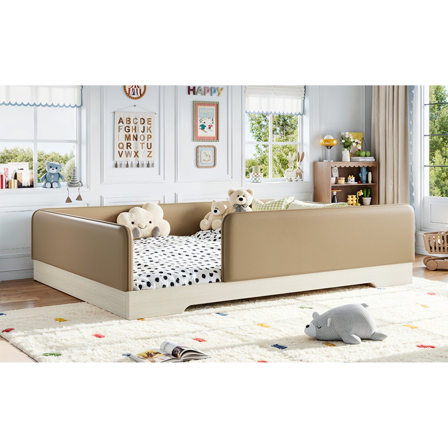 variant-group:rf-w1580s00672|Roomfitters Queen Size Upholstered Floor Bed Frame with Removable Guardrails, Faux Leather Low Profile Platform, Brown