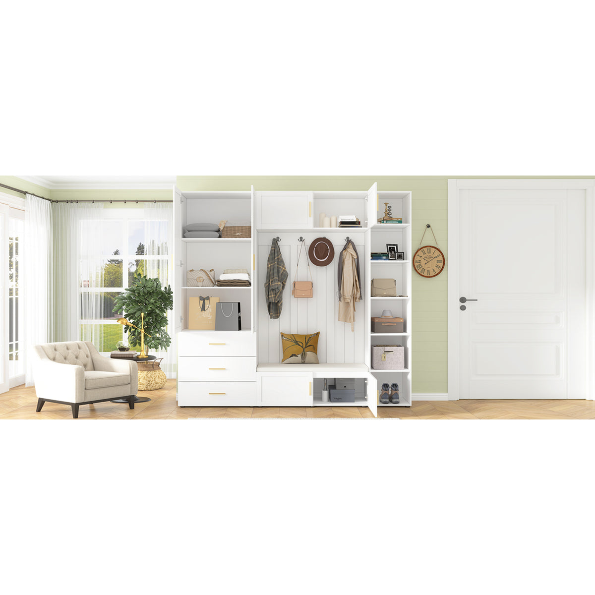 variant-group:rf-n724sj000167aak|Roomfitters American Style Extra-Wide Hall Tree with Padded Cushion Seat, Ancient White