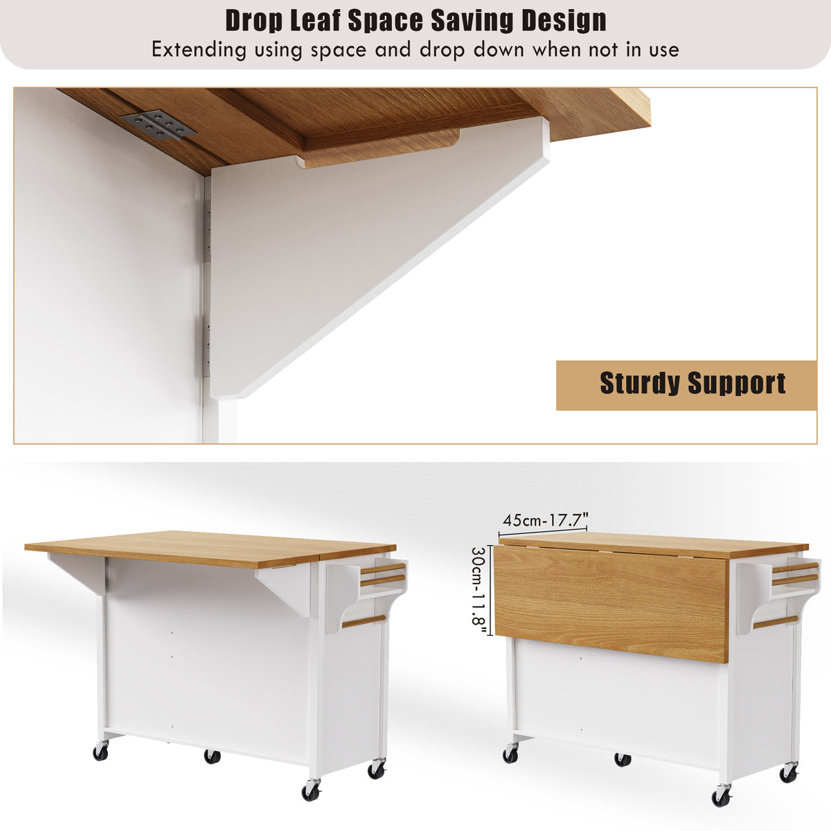 variant-group:rf-n707p195393w|Roomfitters 52" Kitchen Island with Drop Leaf, Rolling Kitchen Cart with Storage Cabinet, Spice Rack, Towel Rack, Adjustable Shelf, White