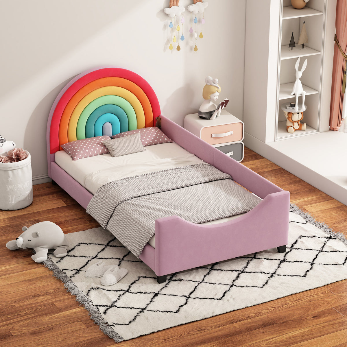 Roomfitters Twin Size Rainbow Upholstered Daybed Frame, Low to Ground Cute Princess Bed, Enclosed Fence, Colorful & Pink Roomfitters