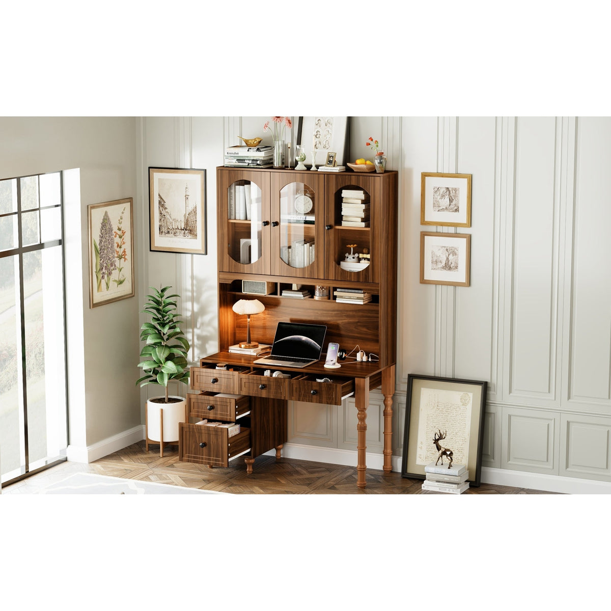 Roomfitters 47'' Retro Desk with Charging Ports and Hutch, Office Desk with 5 Storage Drawers and Glass Bookshelf, Walnut