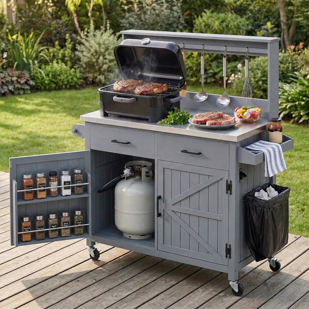 variant-group:rf-n707p409087g|Roomfitters 54.1" Grill Cart, Outdoor Kitchen Prep Station with Stainless Steel Top and Propane Tank Storage, Grey+Blue