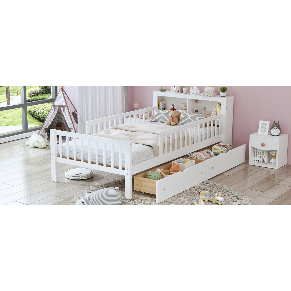 variant-group:rf-n733p272374k|Roomfitters Twin Bed with Headboard Storage Rack, Under-Bed Storage and Three-Side Guardrails, White