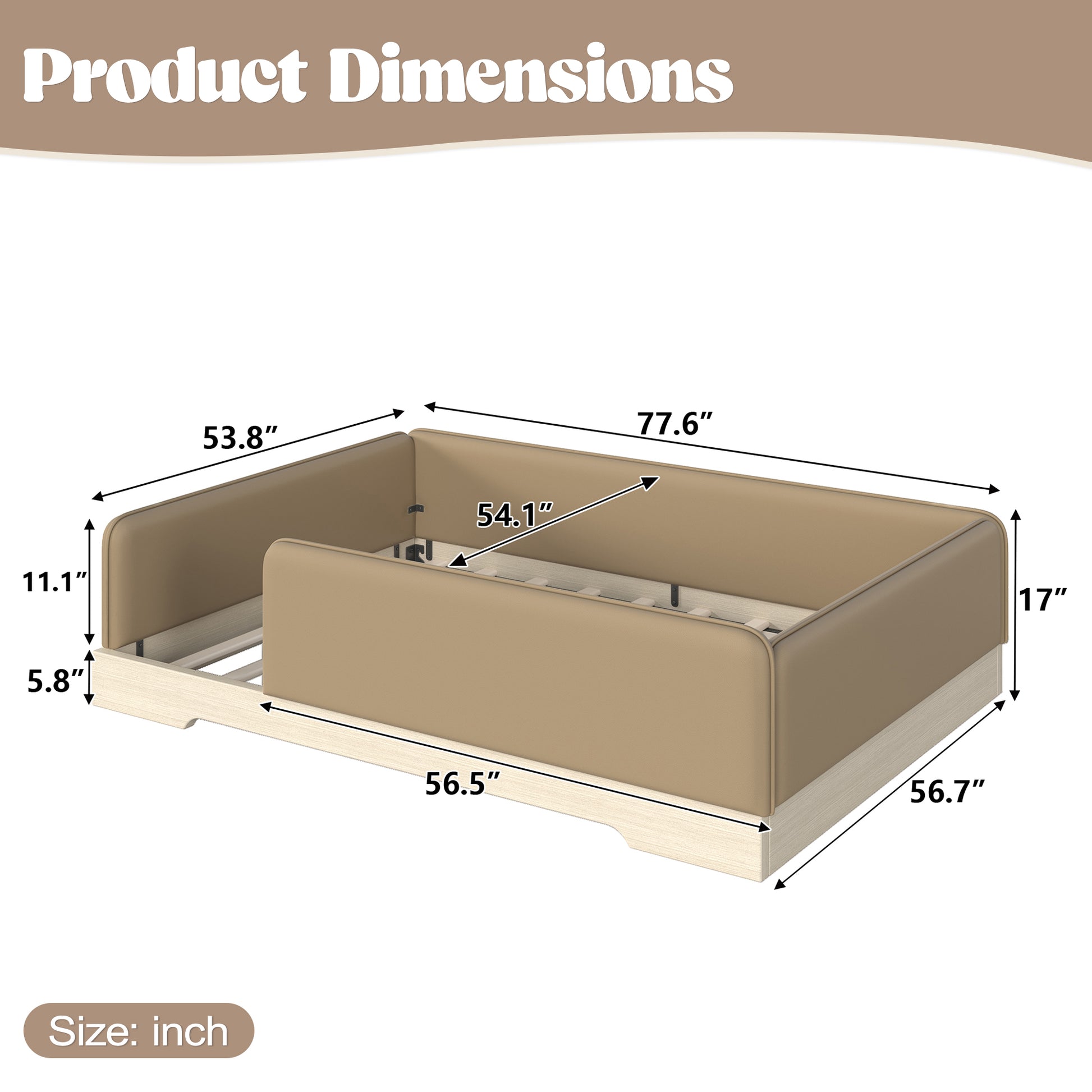 variant-group:rf-w1580s00670|Roomfitters Full Size Upholstered Floor Bed Frame with Removable Guardrails, Faux Leather Low Profile Platform, Brown