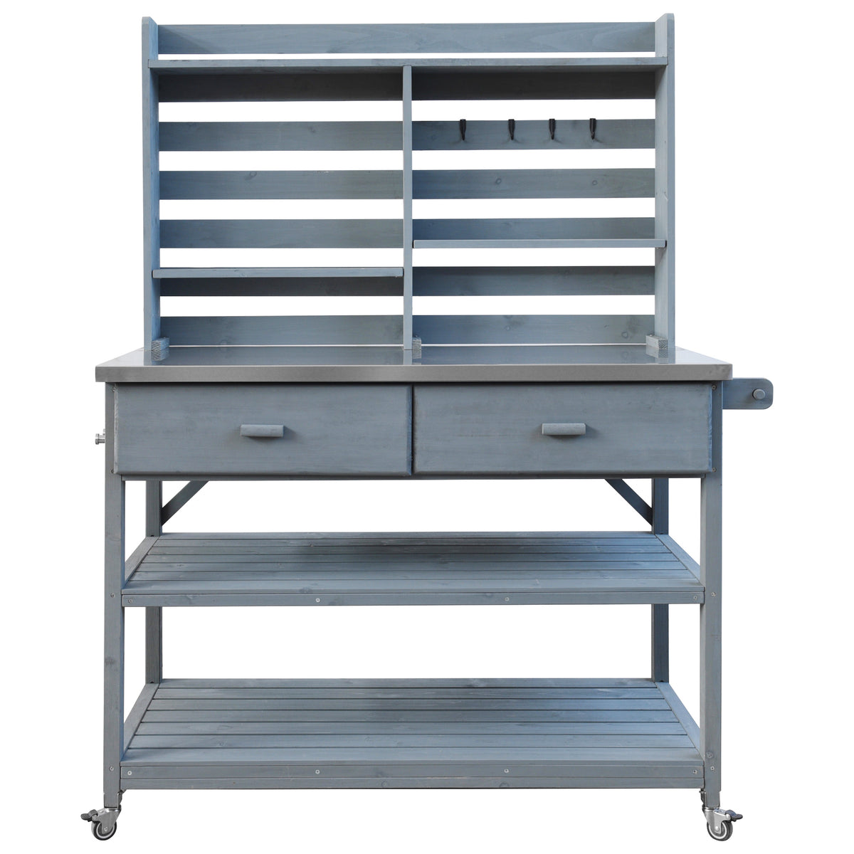 variant-group:rf-n707p228274g|Roomfitters 64.9" Outdoor Potting Bench Table, Rolling Kitchen Island with Hutch, Stainless Steel Top, Storage, Grey Blue