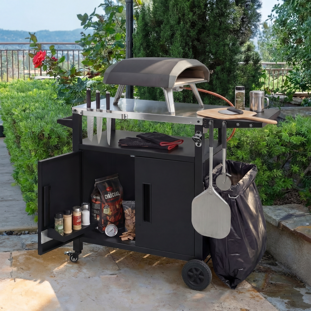 Roomfitters Grill Cart with Stainless Steel Top, Outdoor Kitchen Island, BBQ Prep Station with Trash Bag Holder and Hooks, Black