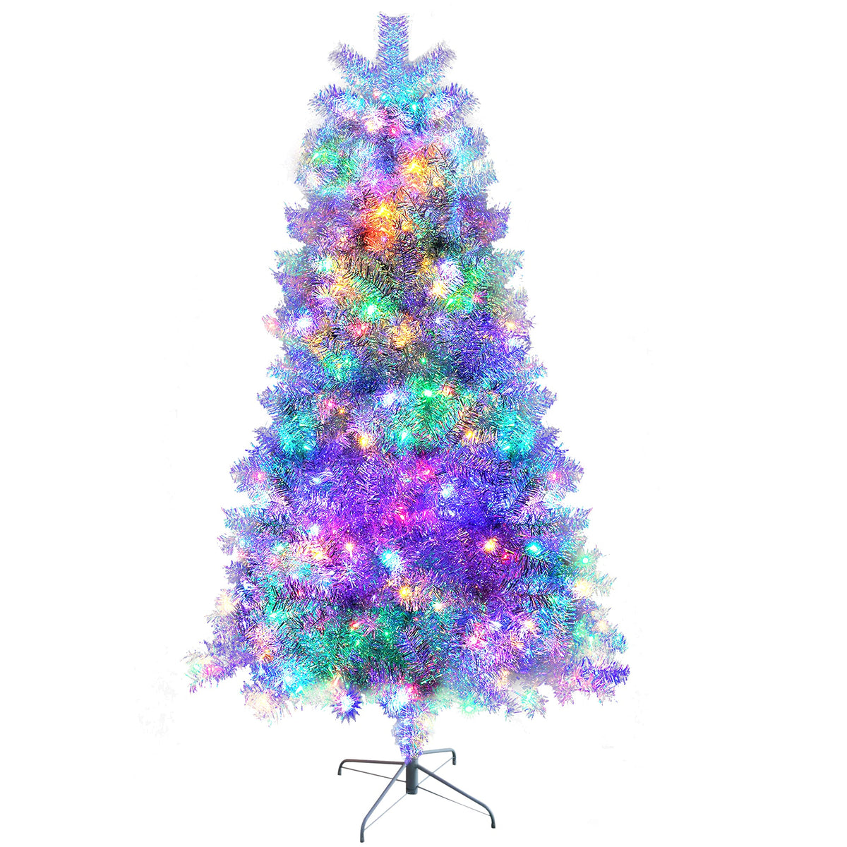 Roomfitters Pre-Lit Artificial Christmas Tree 7.4FT, Full Hinged Holiday Tree with Metal Stand, Warm Lights, 1200 Tips, Silver Roomfitters