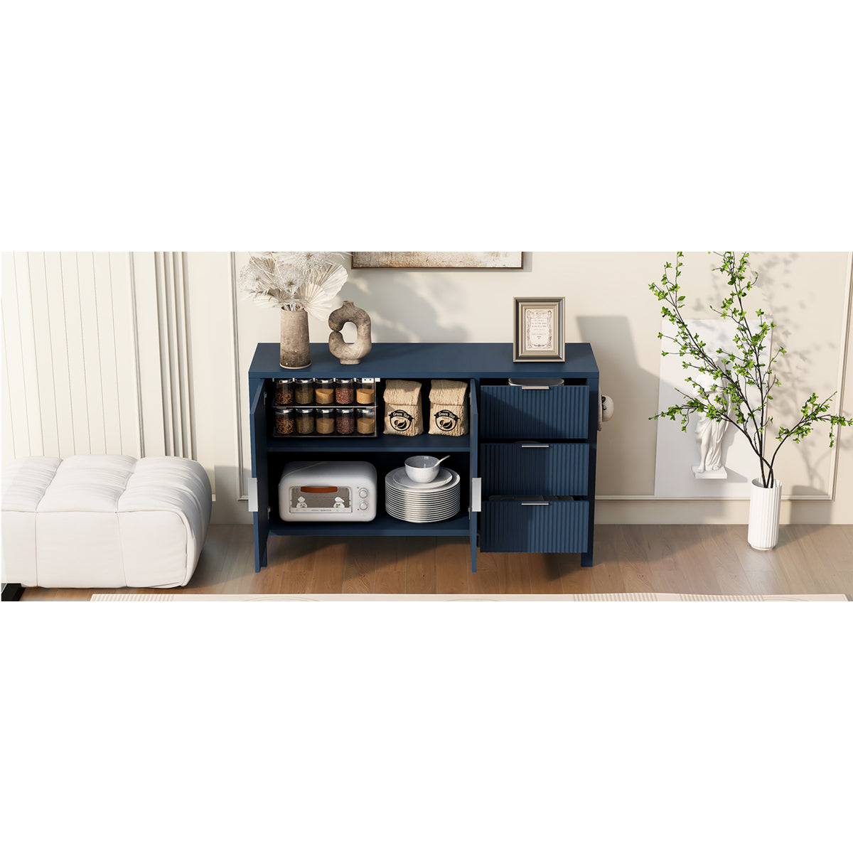 variant-group:rf-n711p345172v|Roomfitters Sideboard Buffet Cabinet with 3 Drawers, 2 Door Mid-century Fluted Accent Storage for Kitchen & Dining, Navy Blue