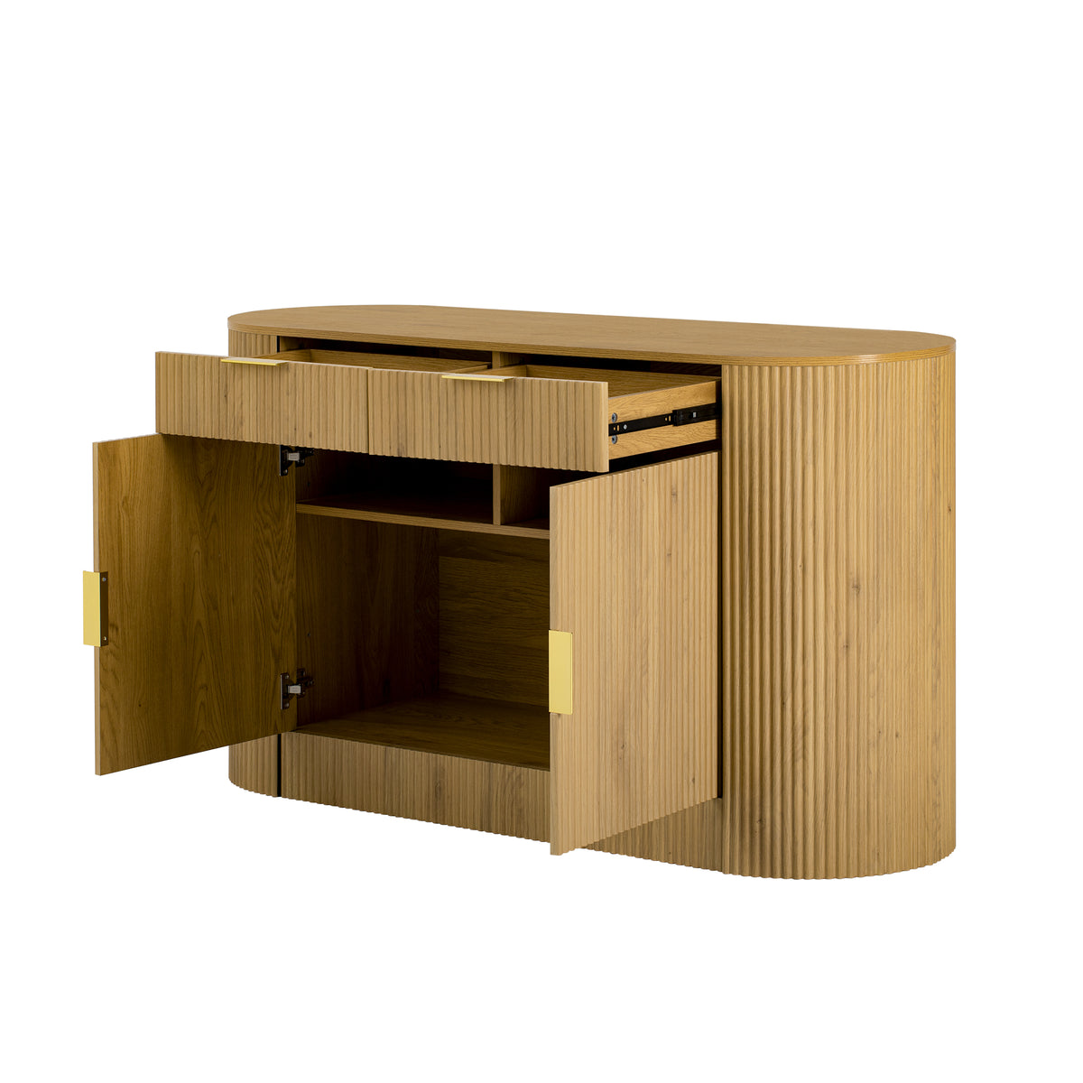 variant-group:rf-n711p345168o|Roomfitters 55.1" Oval Sideboard Buffet Cabinet with 2 Drawers & Wine Rack, Mid-century Modern Fluted Accent for Dining, Natural