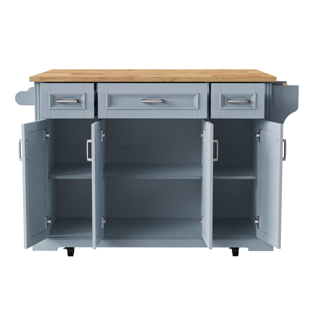 variant-group:rf-n707s195395g|Roomfitters 54" Kitchen Island with Wood Top, Rolling Storage Cabinet with 3 Drawers and 3 Doors, Spice Rack, Grey+Blue