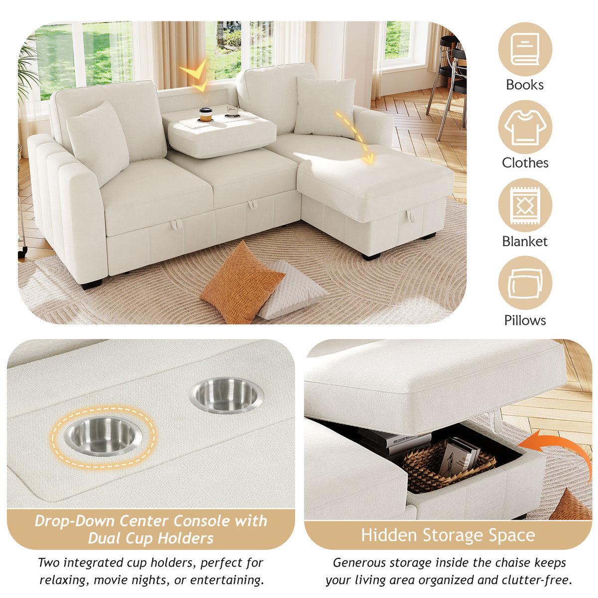 variant-group:rf-n711wy000467aaa|Roomfitters 90" L-Shaped Sectional Sleeper Sofa with Storage Chaise and Pull Out Bed, Fold Down Cup Holder Table, Beige