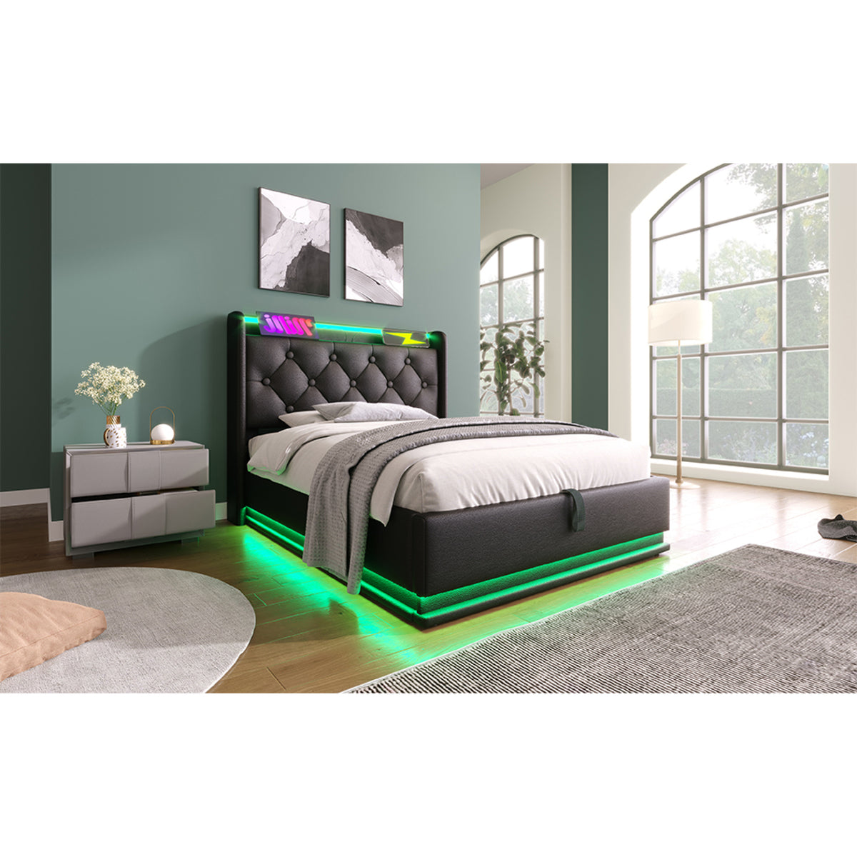 variant-group:rf-n736p188805b|Roomfitters Twin Size Upholstered Storage Bed with USB Type-C Charging and Remote Control, Faux Leather Black