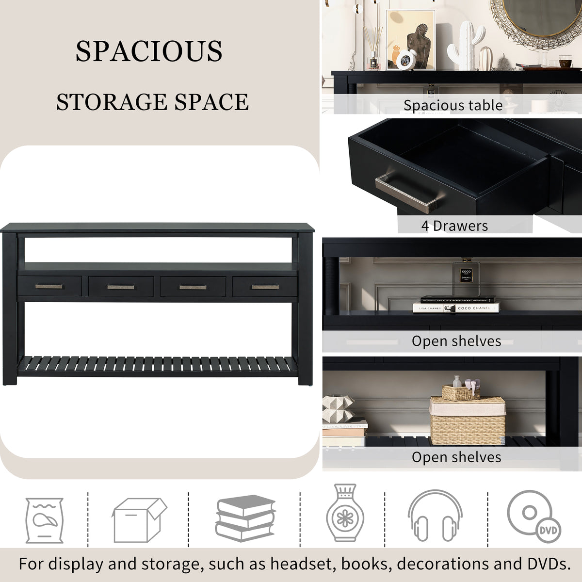 variant-group:rf-n711p410406b|Roomfitters 61.5" Entryway Table with 4 Drawers, 3-Tier Console Sofa Table with Open Shelves for Hallway, Black