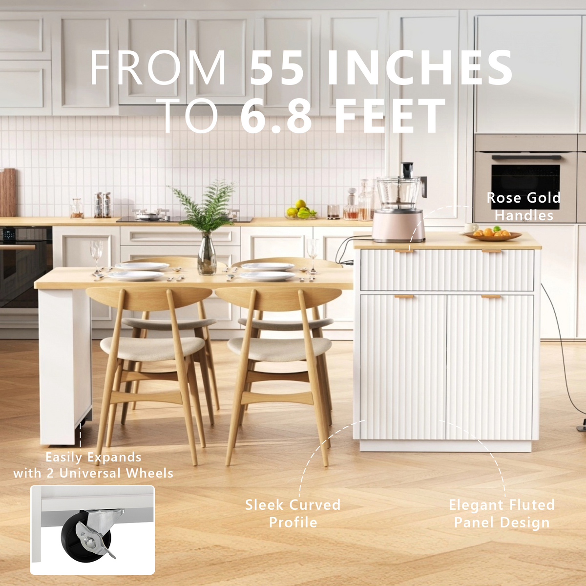 variant-group:rf-n707s000018w|Roomfitters 82.6" Fluted Kitchen Island with 51" Extendable Dining Table for 4-6, Power Outlet, White