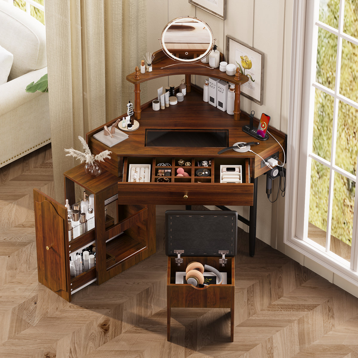 variant-group:rf-n733p336237d|Roomfitters Corner Vanity Desk Set with Stool, Charging Station, Glass Top, Drawer, Shelf, Pull-Out Cabinet, Walnut