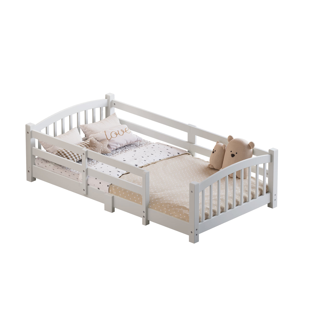 variant-group:rf-n733p400298k|Roomfitters Twin Montessori Floor Bed with Guardrails, Solid Wood Low Platform Bed with Slats, Easy Assembly, White