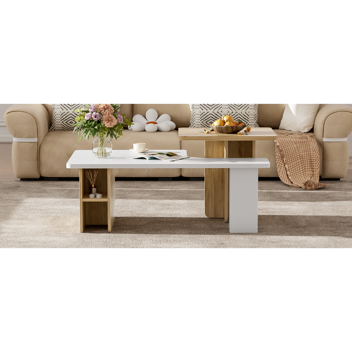 variant-group:rf-n724p294661k|Roomfitters Farmhouse Nesting Coffee Table Set of 2, Rectangle Wood Finish Accent Tables for Living Room and Sofa Side, White