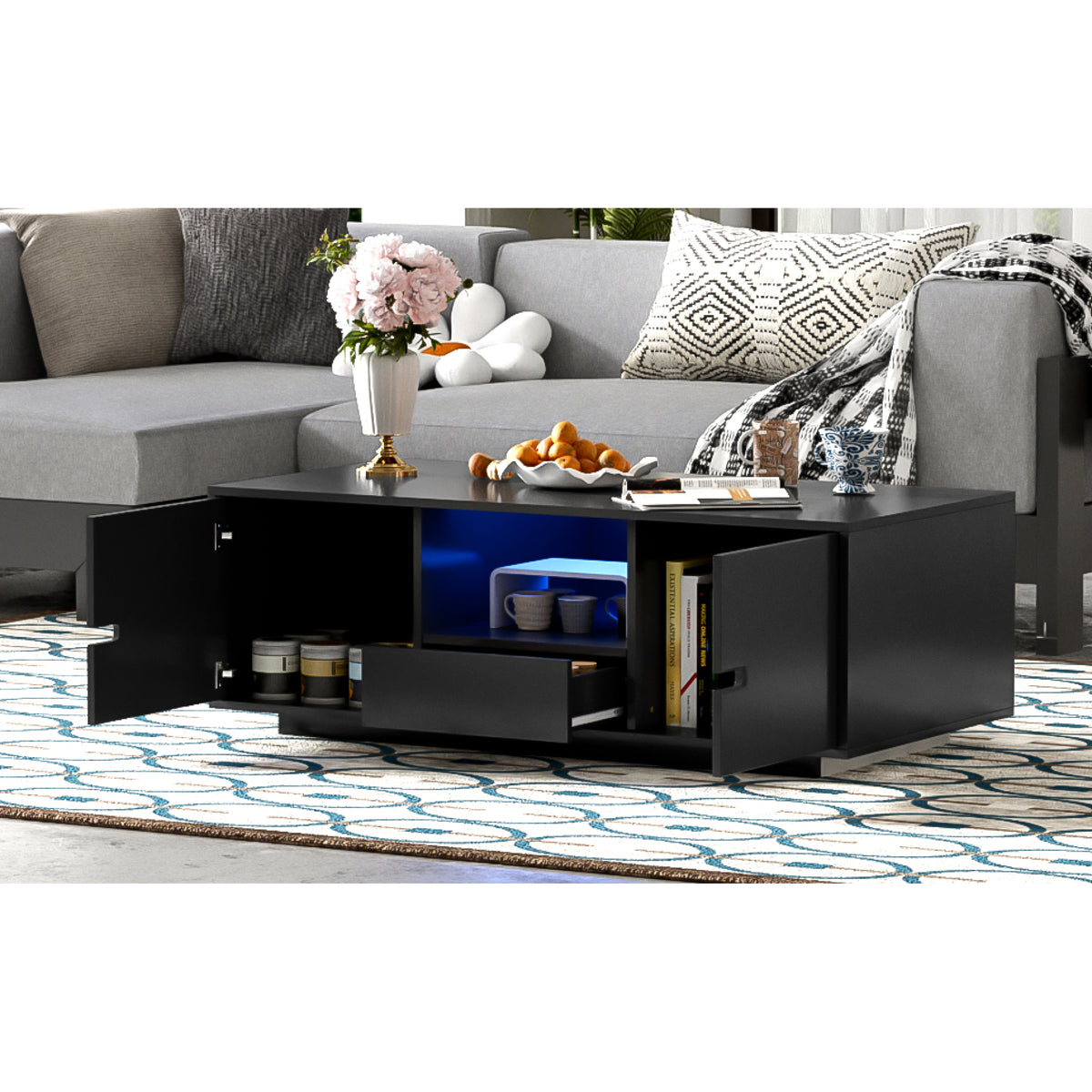 variant-group:rf-n724p294656b|Roomfitters Modern Glossy Coffee Table with Storage Space and Light Accent, Rectangle Center Table for Living Room, Black