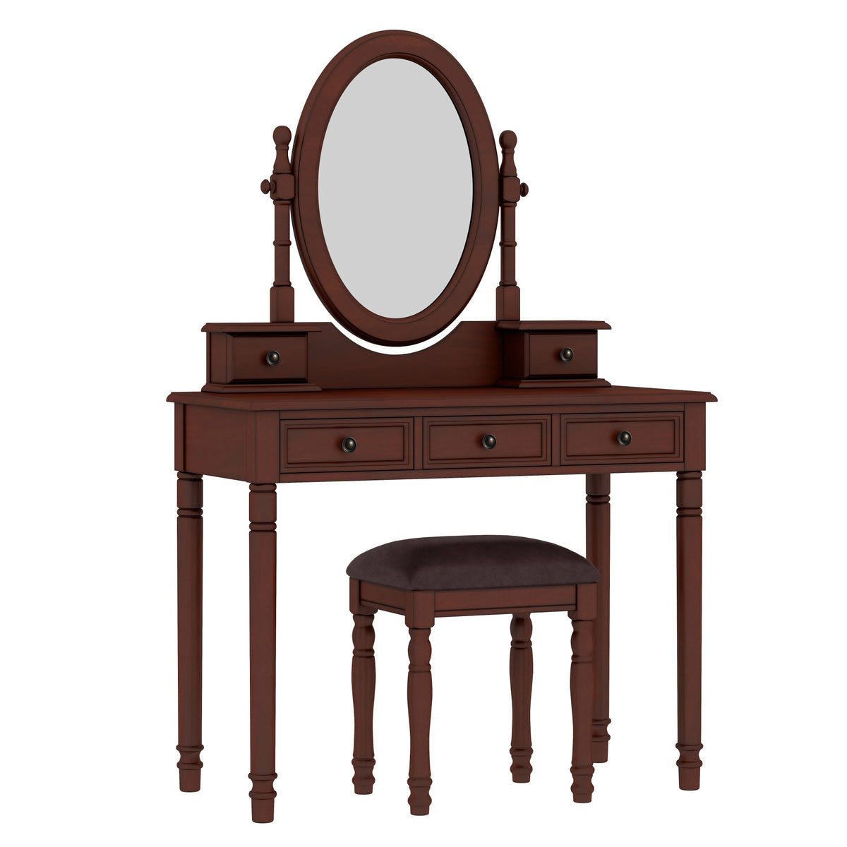 Roomfitters Vintage Vanity Desk with Adjustable Mirror, Makeup Table and Cushioned Stool Set, Wooden Dressing Table with 5 Drawers and Velvet Lining, Walnut