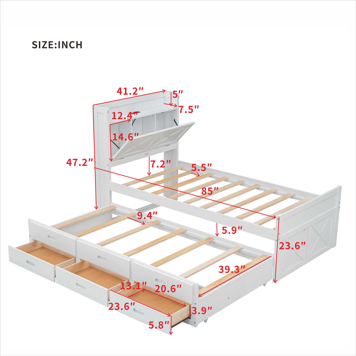 variant-group:rf-n733s172839k|Roomfitters Twin Size Wooden Bed with Storage Headboard, Functional Outlets, Extendable Frame with Twin Trundle and Smart Storage, White