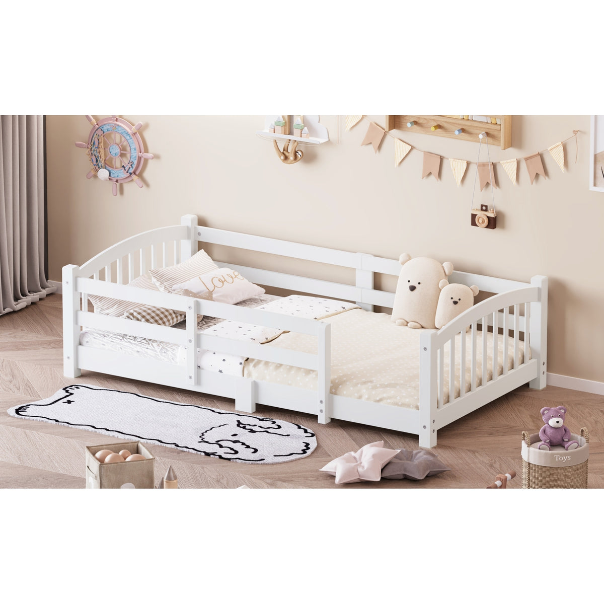 variant-group:rf-n733p400298k|Roomfitters Twin Montessori Floor Bed with Guardrails, Solid Wood Low Platform Bed with Slats, Easy Assembly, White