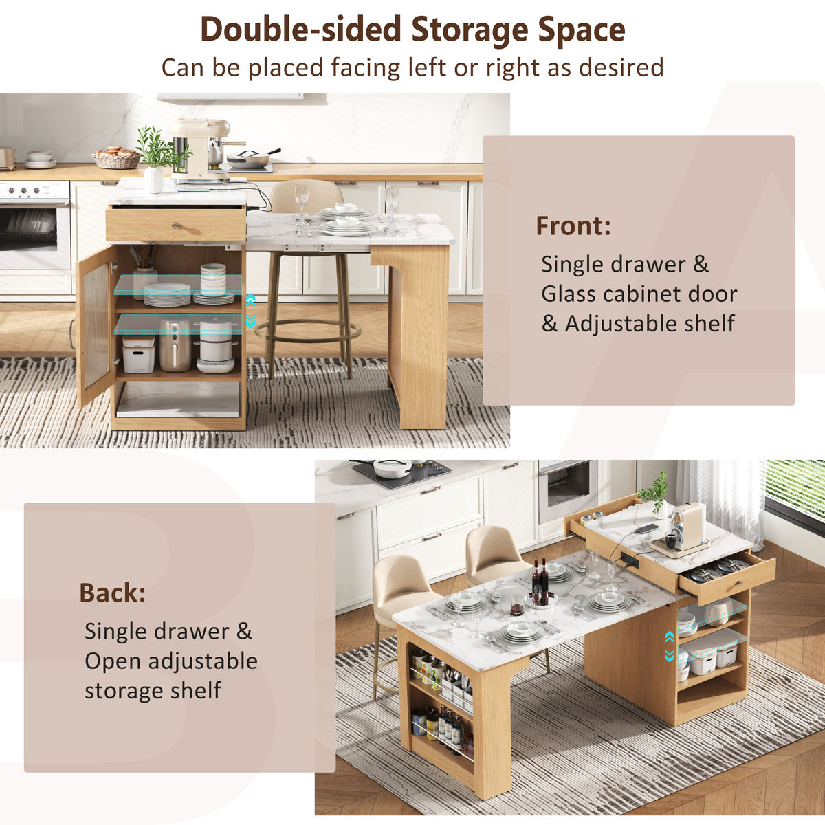 variant-group:rf-n707s000017y|Roomfitters 59.5" Kitchen Island with 41.8" Extendable Dining Table, Double-Sided Storage, Power Outlet, 2 Drawers, Natural
