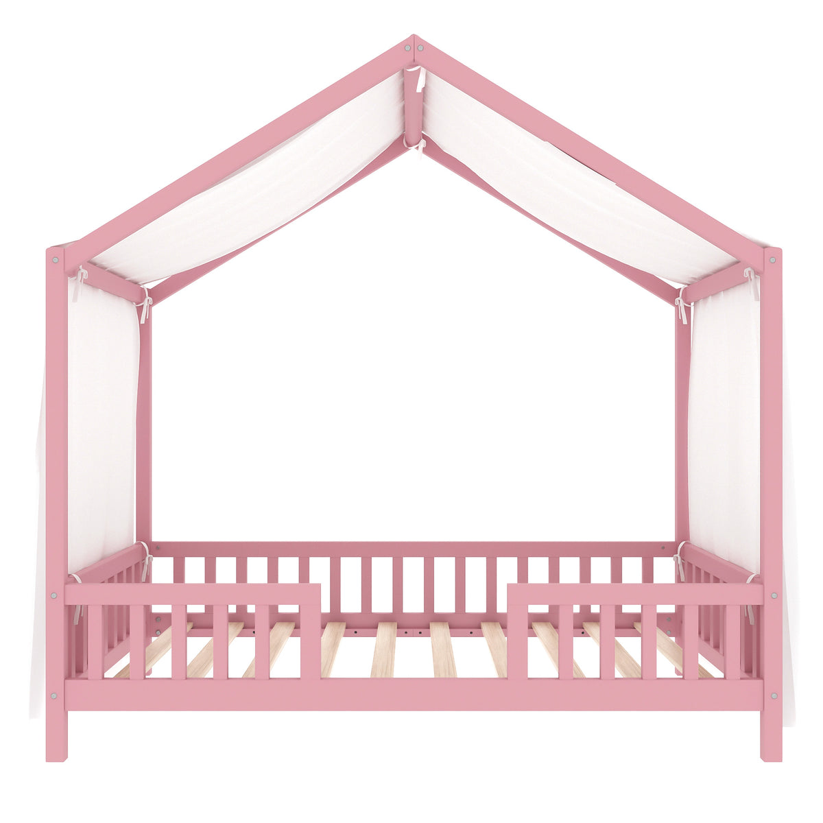 variant-group:rf-n733p356043h|Roomfitters Twin Montessori Floor Bed with Canopy, House Shape Wood Frame with Safety Rails, Youth Platform Bed, Pink