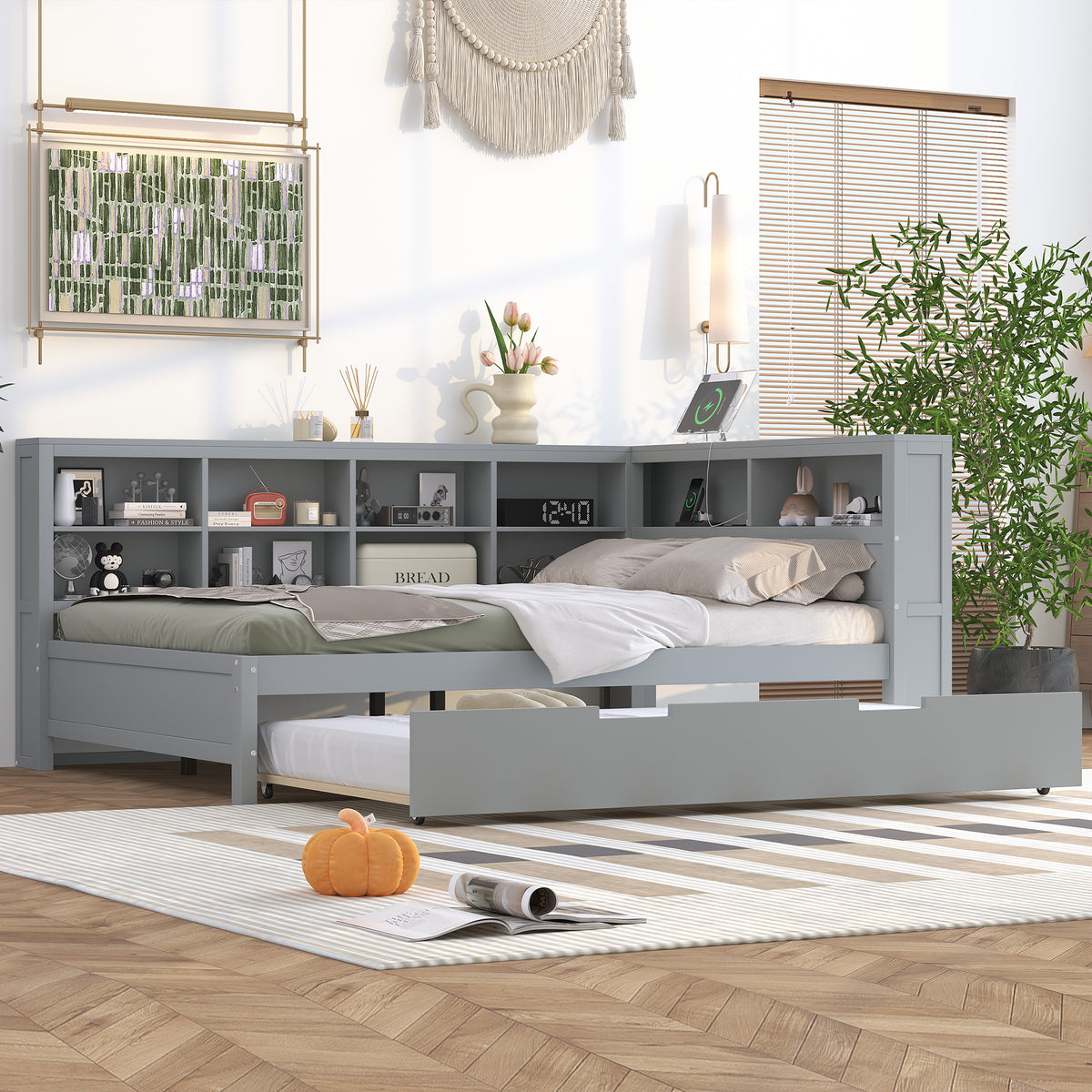 variant-group:rf-n733s347731e|Roomfitters Wooden Full Daybed with Twin Trundle, Storage Shelf & USB Charging Ports, Gray