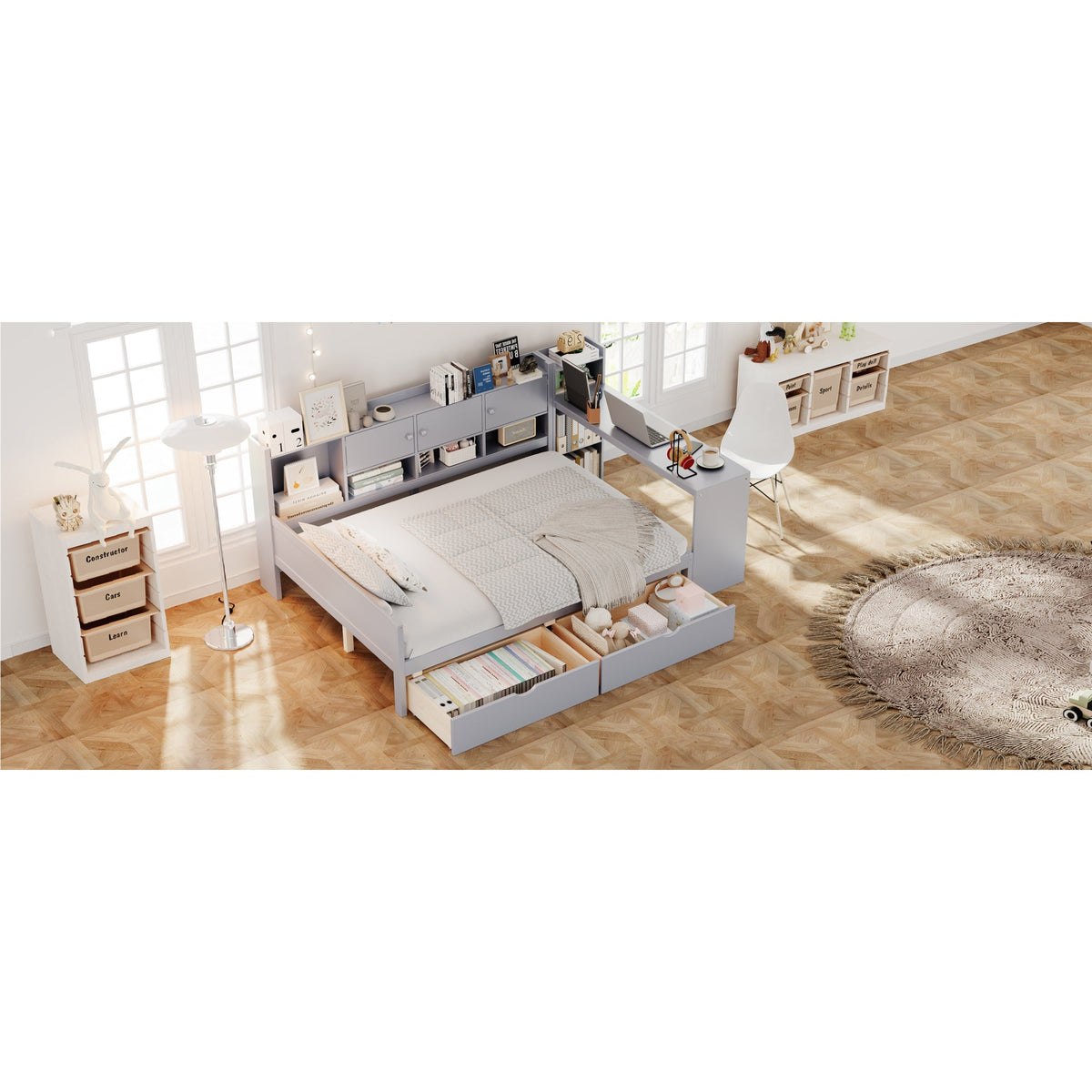 Roomfitters Full Size Wooden L-Shaped Daybed with 3 Cabinets, 2 Drawers, Desk and Bookshelf, Gray