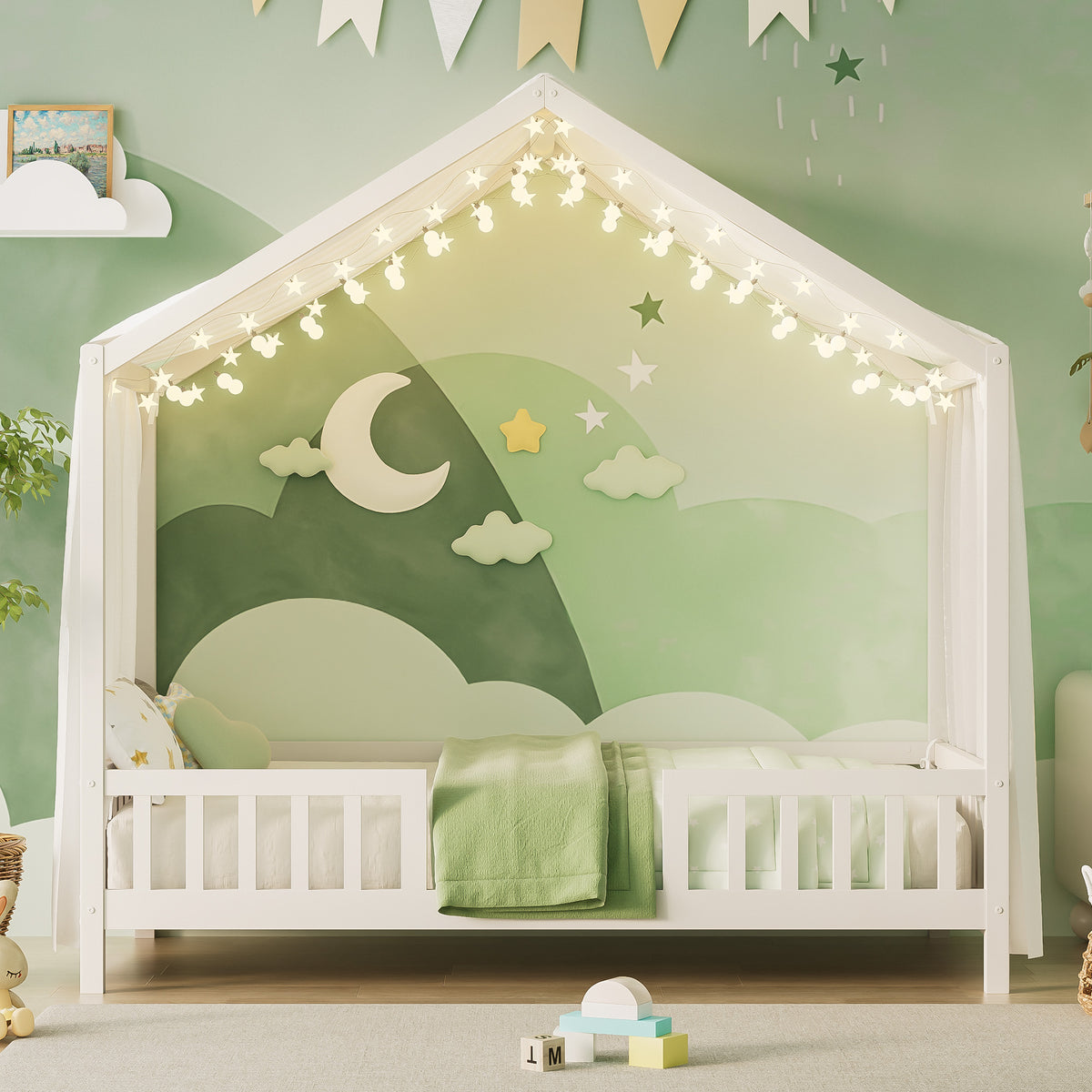 variant-group:rf-n733p356043k|Roomfitters Twin Montessori Floor Bed with Canopy, House Shape Wood Frame with Safety Rails, Youth Platform Bed, White