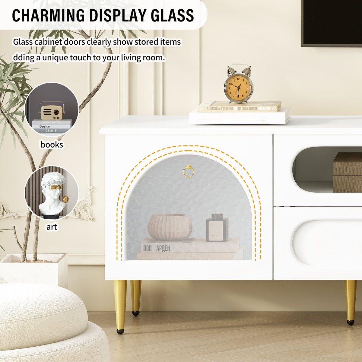 Roomfitters Retro TV Stand for up to 85 Inch TV, Media Console Cabinet with Drawers, Cabinets and Metal Legs, White Roomfitters