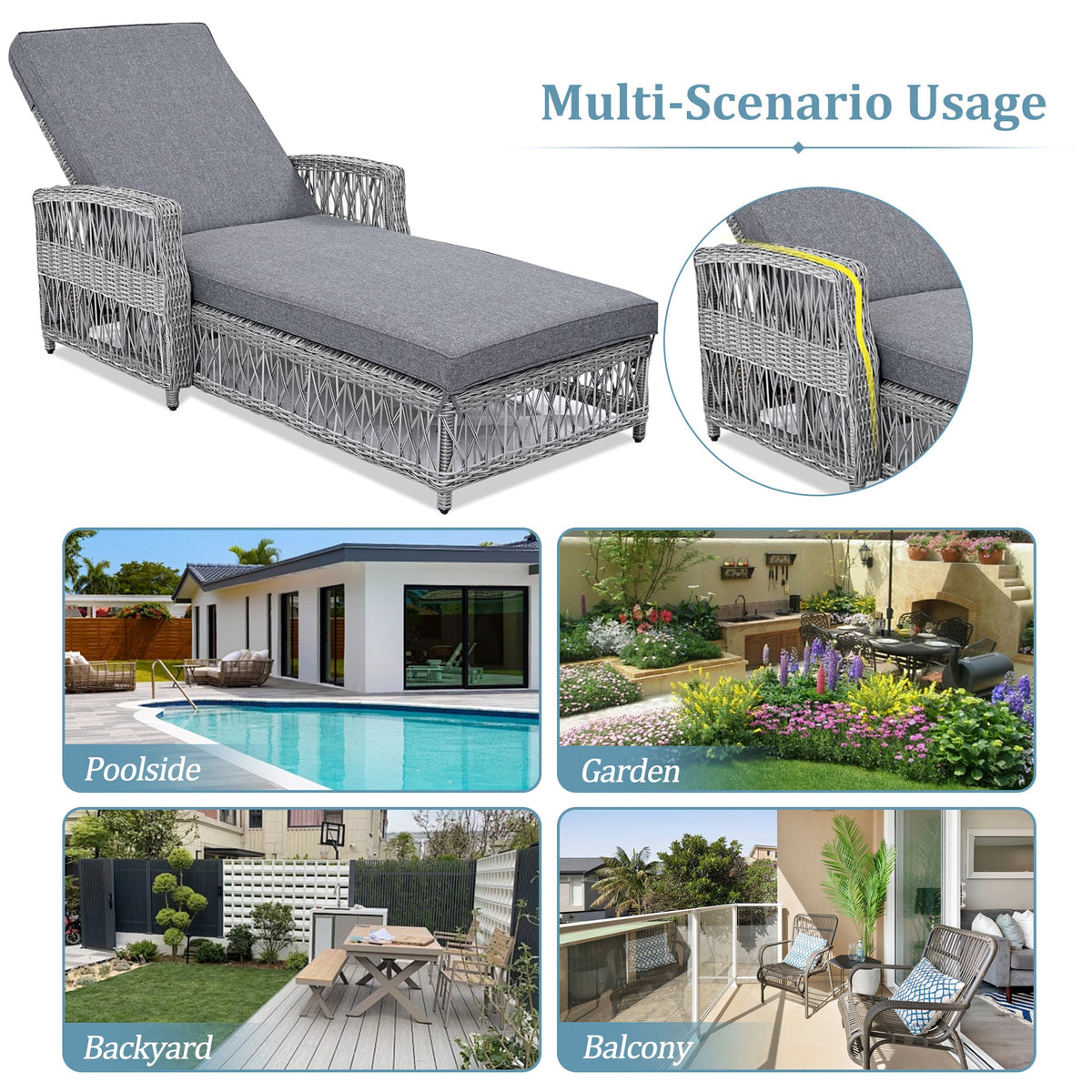 Roomfitters Outdoor Reclining Chaise, Wicker Lounge Chair with Armrests & Soft Cushions, Adjustable Poolside Recliner, Gray Roomfitters