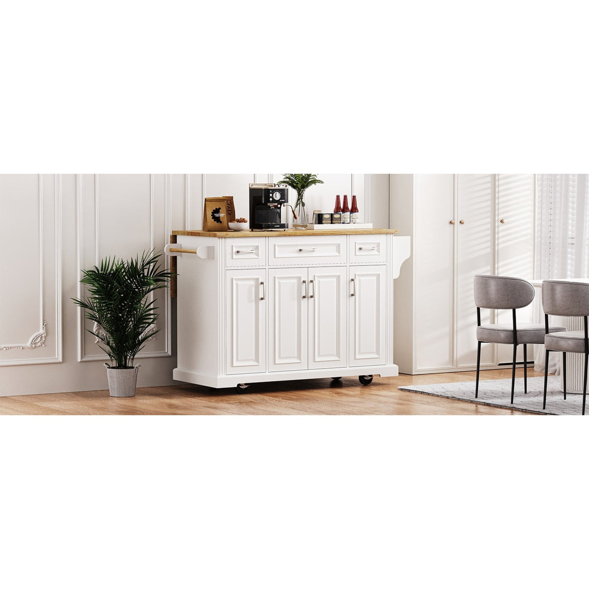 variant-group:rf-n707s195395w|Roomfitters 54" Kitchen Island with Wood Top, Rolling Storage Cabinet with 3 Drawers and 3 Doors, Spice Rack, White