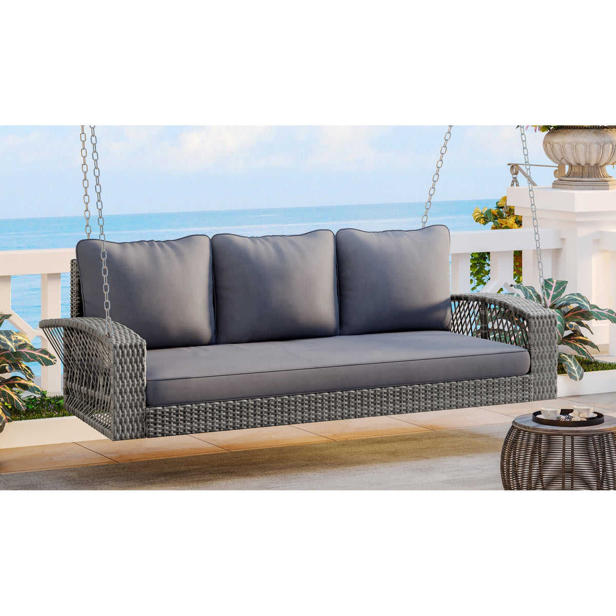 Roomfitters 69" PE Wicker 3-Person Porch Swing, Large Patio Swing Bench with Chains & Cushions, Backyard & Garden, Gray Roomfitters