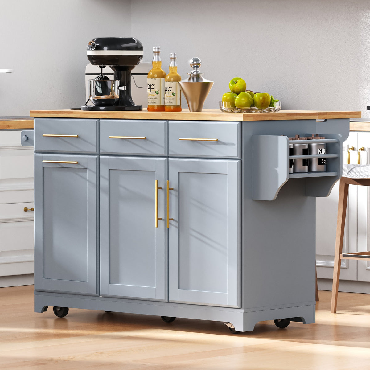 variant-group:rf-n707s299014g|Roomfitters 59.3" Kitchen Island with Power Outlet, Drop Leaf and Double Trash Can Pull Out, Rolling Cart, Grey+Blue